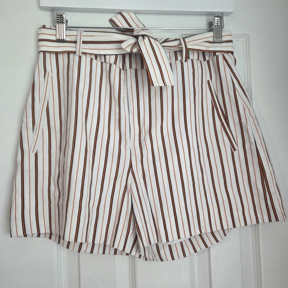 Nine West High-Waist Striped Shorts Women Size S White Rust Black Tie Belt